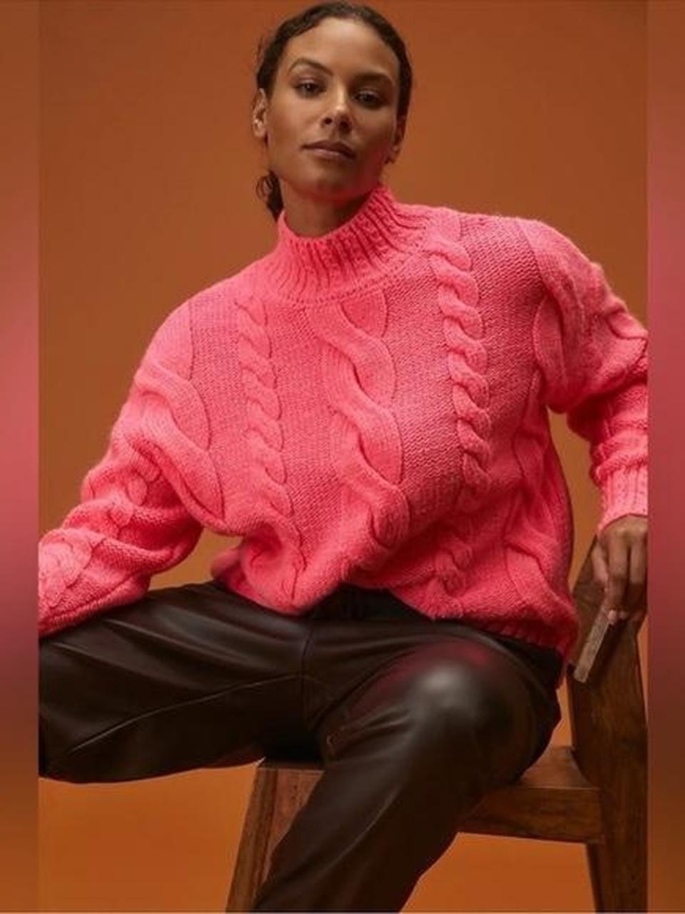 Anthropologie Women's S Neon Pink Mock Neck Cable Knit Sweater Chunky Oversized